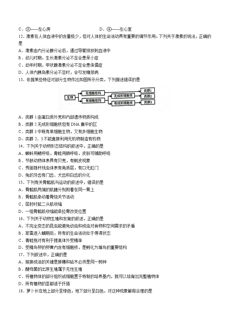 山东省淄博市高青县八年级中考二模生物试题(word版含答案)第3页