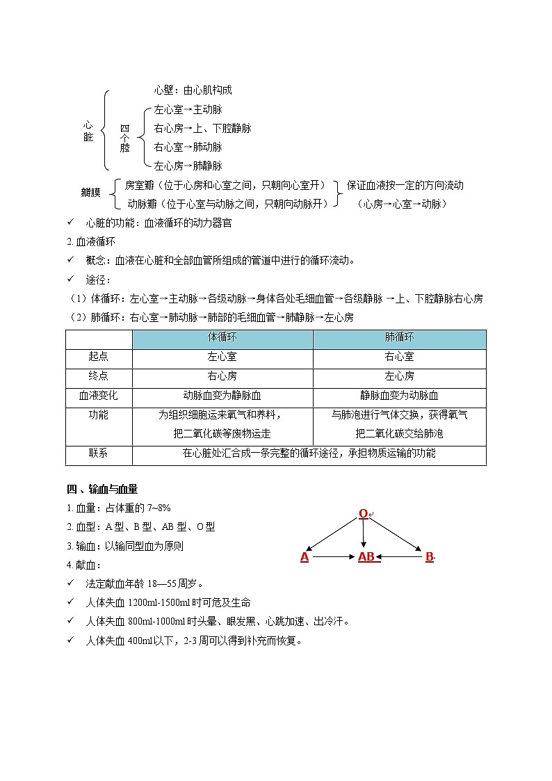 人教版生物七年级下册期末复习章节知识点汇总及练习 第四章 人体内物质的运输02