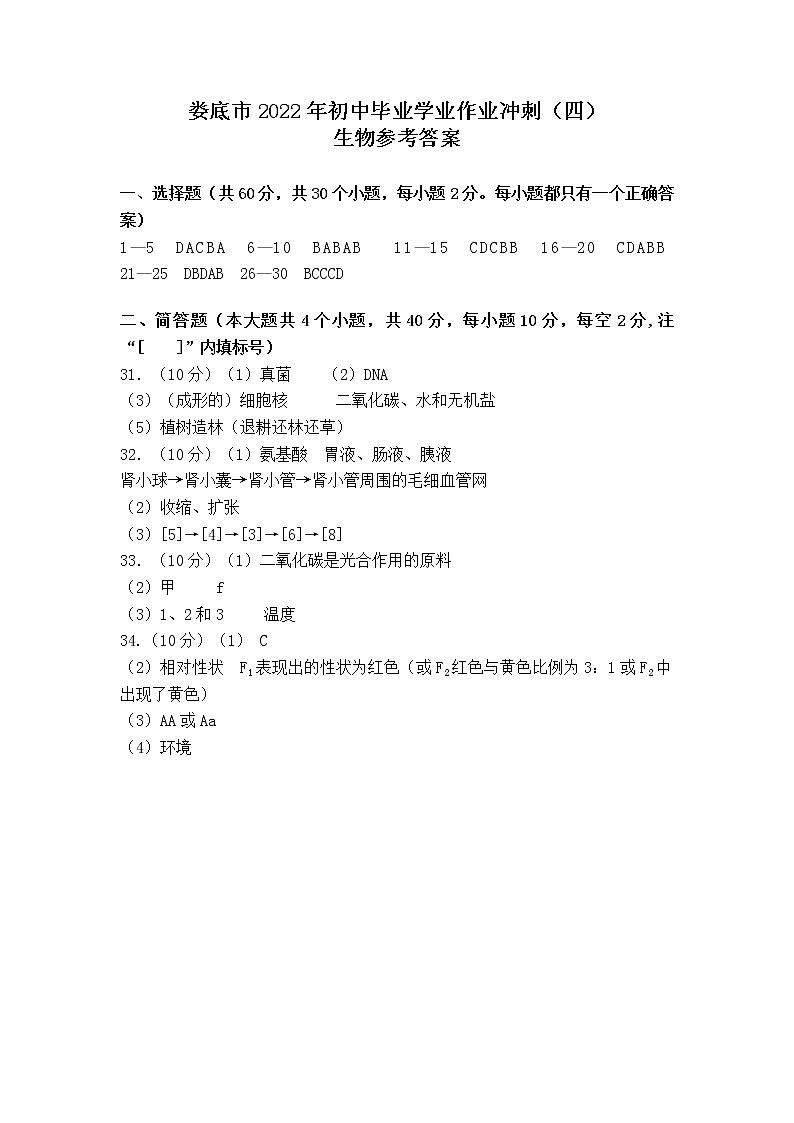 湖南省婁底市2022年初中畢業(yè)學業(yè)作業(yè)沖刺(四)生物答案第1頁