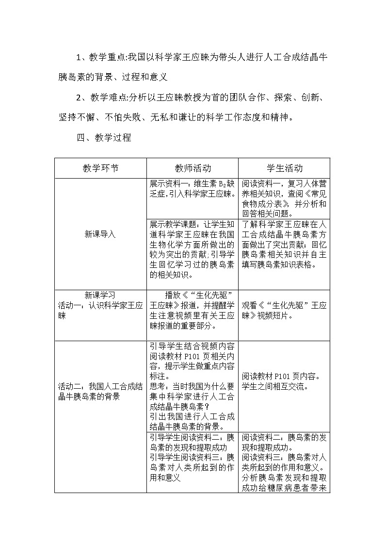 人教版七下生物 6.6王应睐组织我国科学家率先合成结晶牛胰岛素  教案第2页