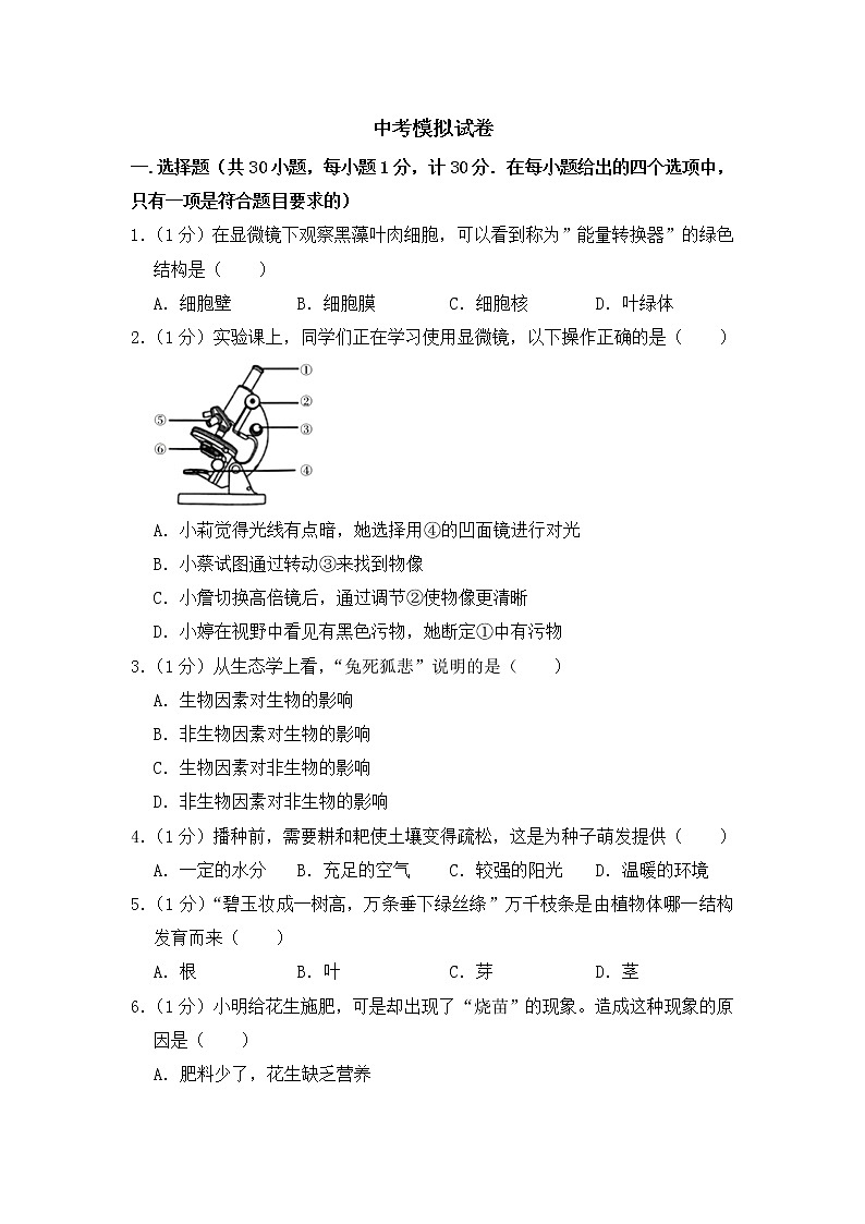 人教版生物七年级下册 期末模拟试卷6(含答案)第1页
