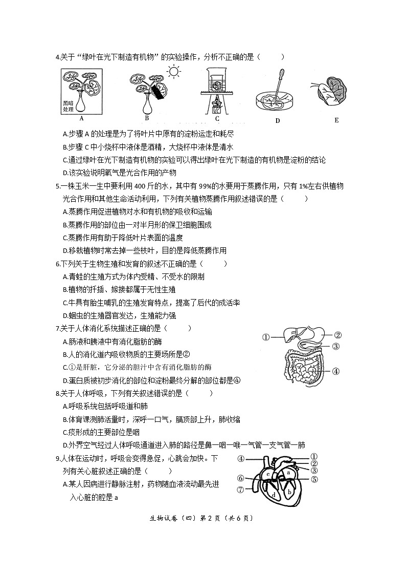 2022年河南省普通高中招生考试模拟试卷 生物(四)第2页
