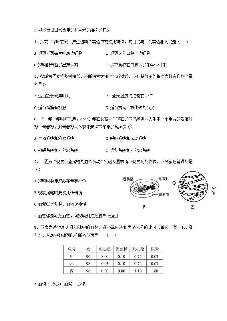 2022年江苏省盐城市初级中学南北校区八年级二模考试生物试题(含答案)02