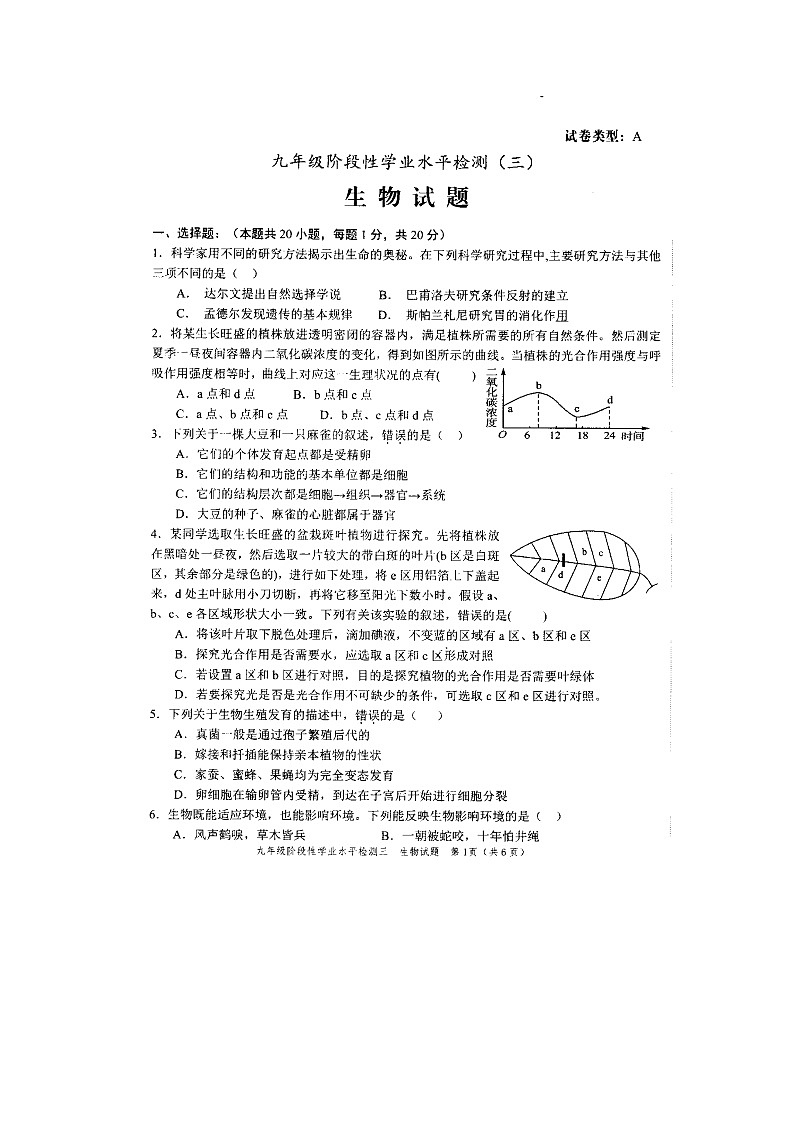 2022年山东省菏泽市牡丹区九年级中考三模生物试题(无答案)01