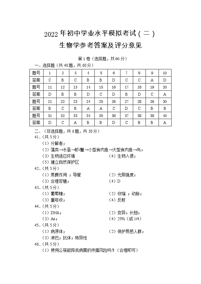云南省昆明市禄劝县2021——2022学年初中学业水平模拟(二)生物试卷(有答案)01