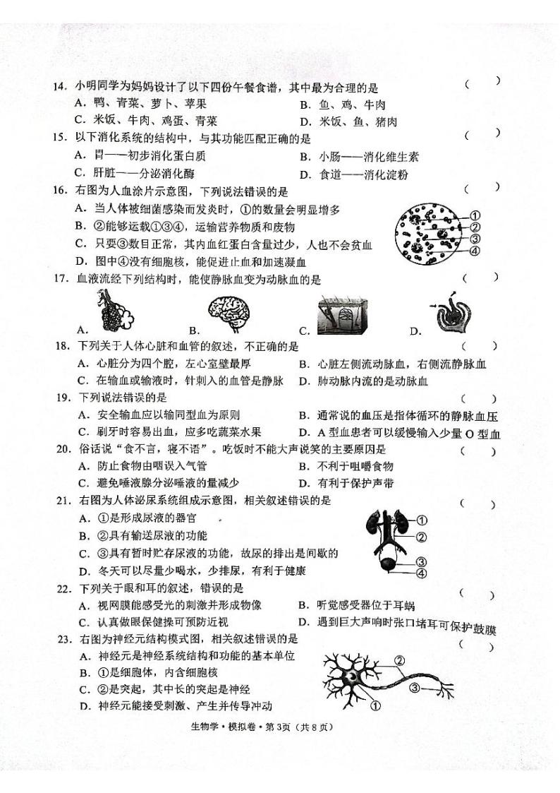 2022年云南省昭通市绥江县初中学业水平考试模拟卷二生物试题（含答案）03