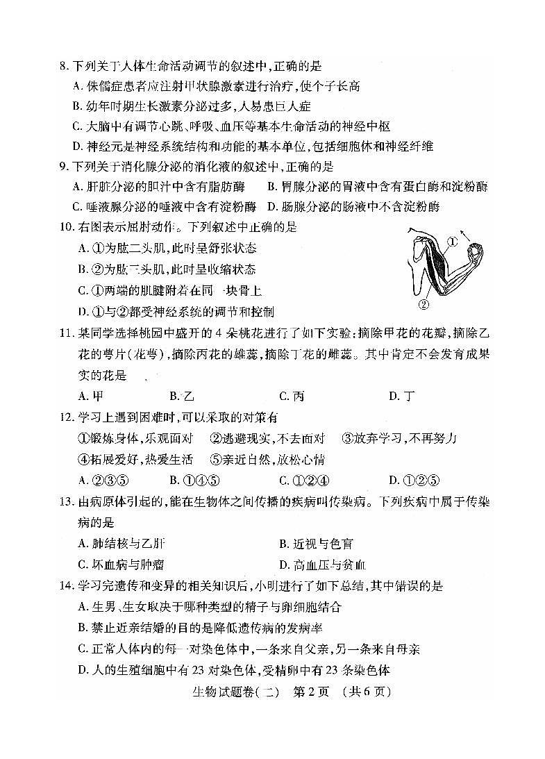 2022年江西省萍乡市九年级初中学业水平考试适应性(二)生物试题第2页
