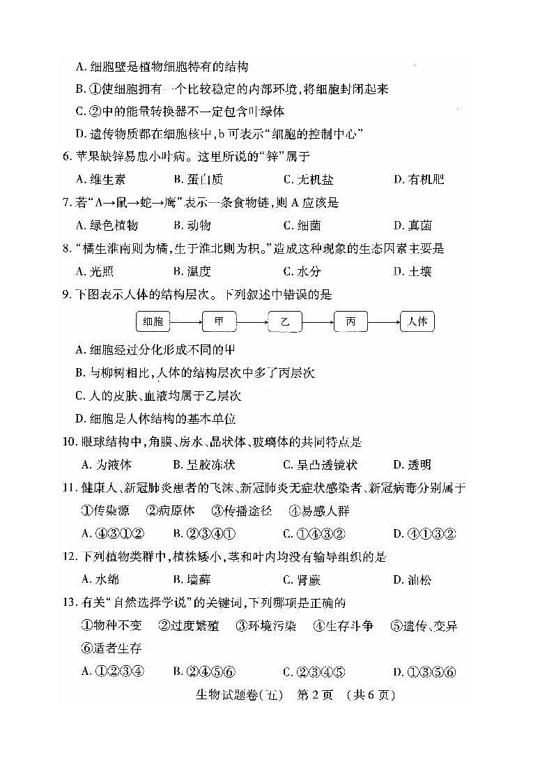 2022年江西省萍乡市九年级初中学业水平考试适应性(五)生物试题第2页