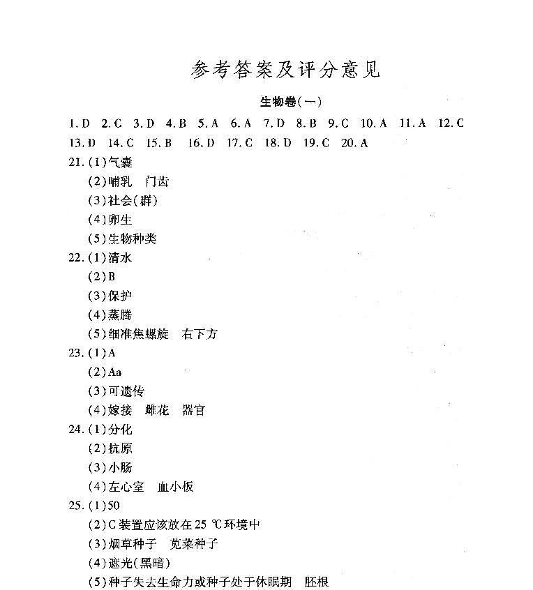 中考生物样卷一答案第1页