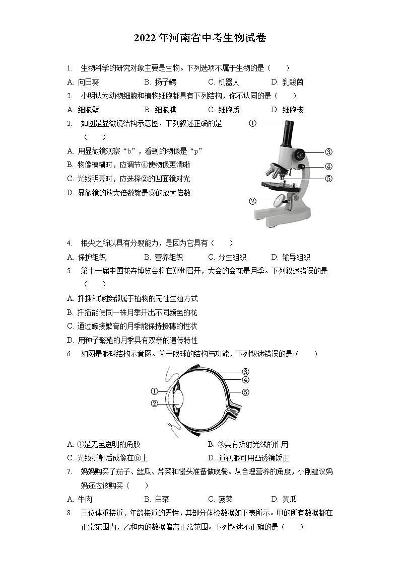 2022年河南省中考生物试卷(含答案解析)第1页