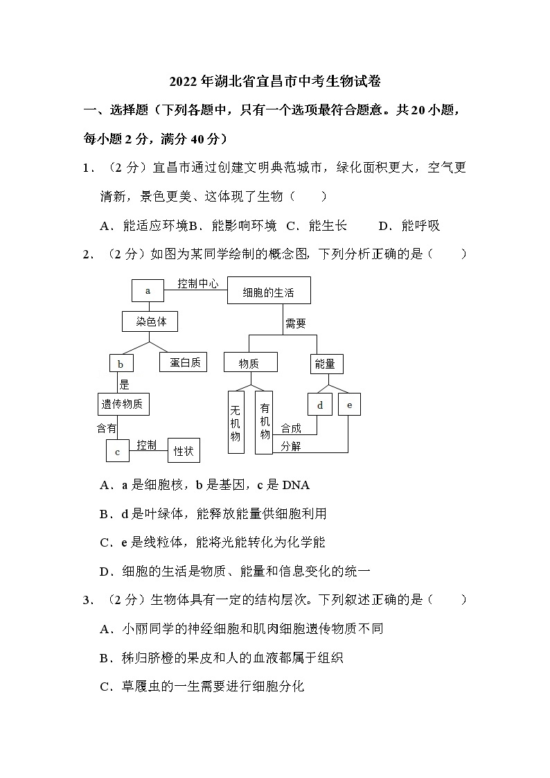 2022年湖北省宜昌市中考生物试卷解析版01