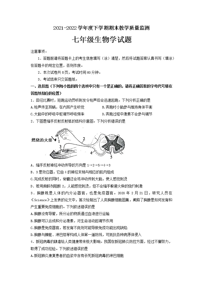 山东省泰安市肥城市2021-2022学年七年级下学期期末考试生物试题(含答案)01