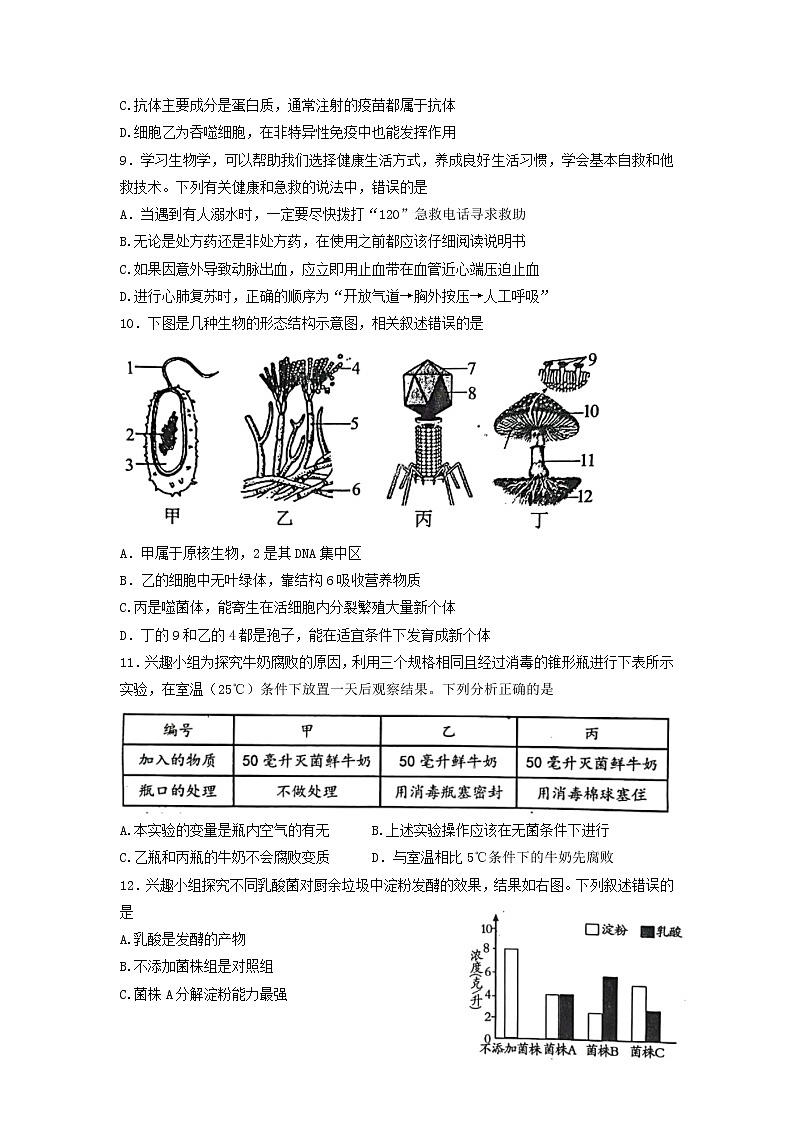 山东省泰安市肥城市2021-2022学年七年级下学期期末考试生物试题(含答案)03