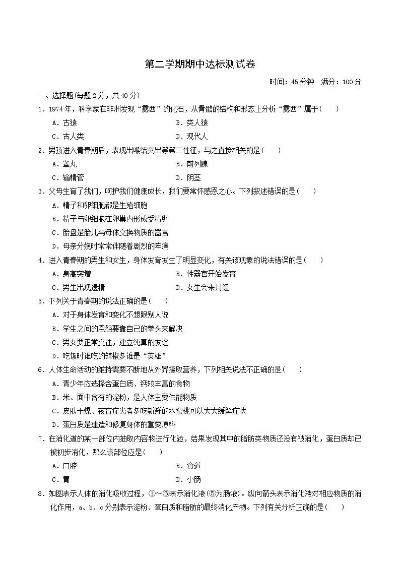 人教版七年级生物下册期中达标测试卷含答案第1页