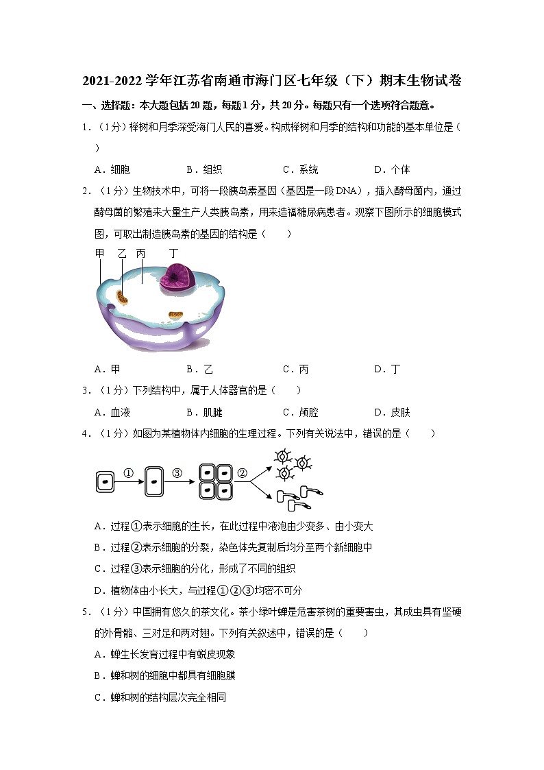 江苏省南通市海门区2021-2022学年七年级下学期期末生物试卷(word版含答案)01