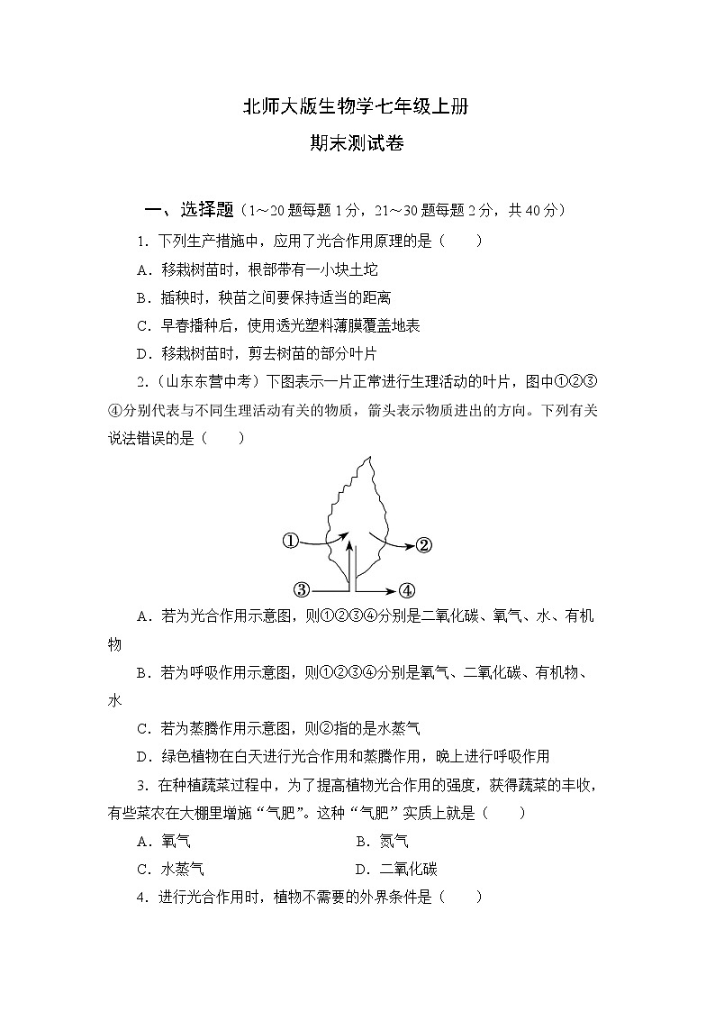 北师大版生物七上期末测试卷及答案第1页