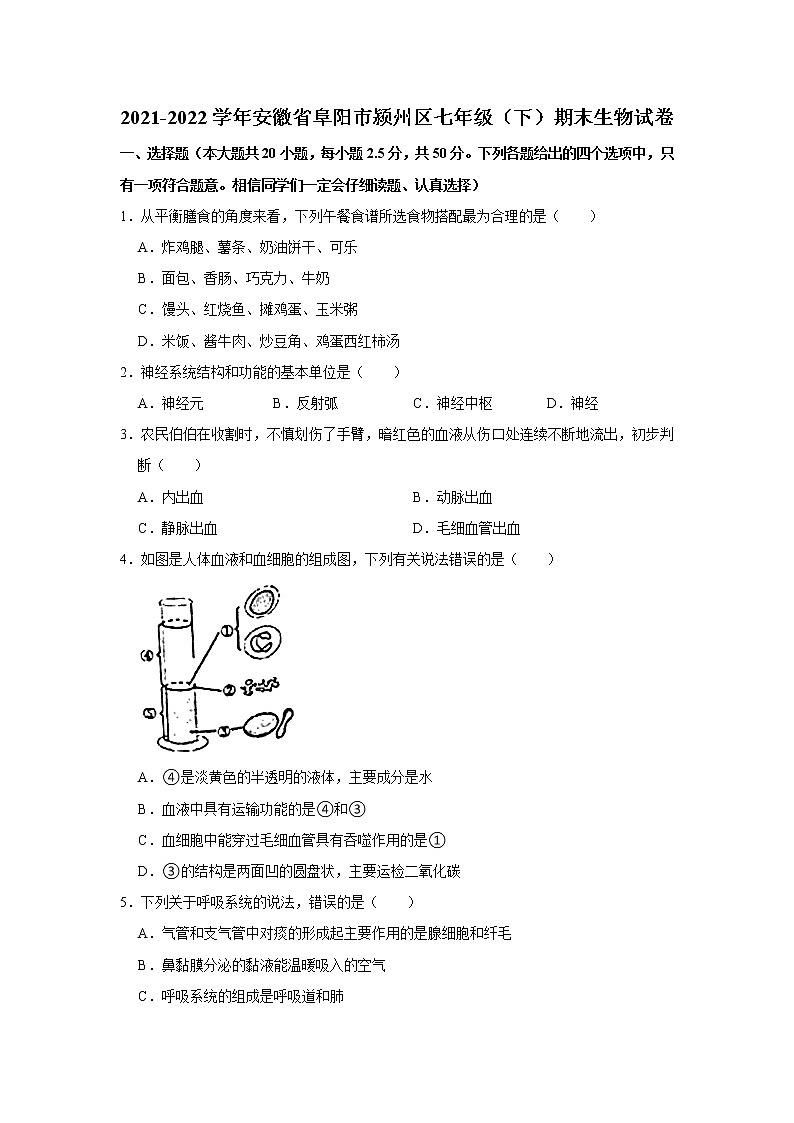 安徽省阜阳市颍州区2021-2022学年七年级下学期期末生物统考卷(word版含答案)第1页