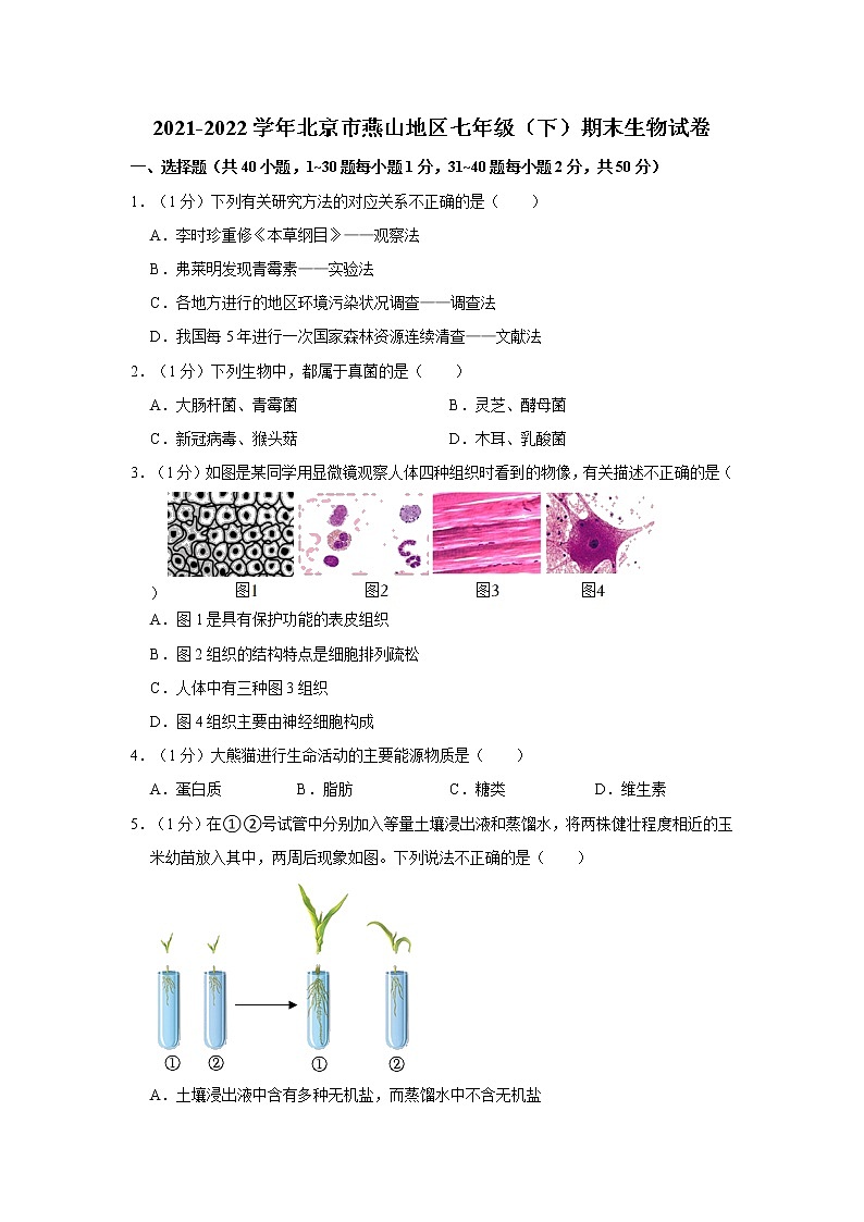 北京市燕山地区2021-2022学年七年级下学期期末生物试卷(word版含答案)第1页
