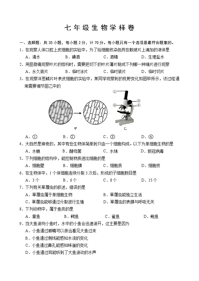 江苏省镇江市句容市、丹徒区2021-2022学年七年级下学期期末生物样卷(word版含答案)01