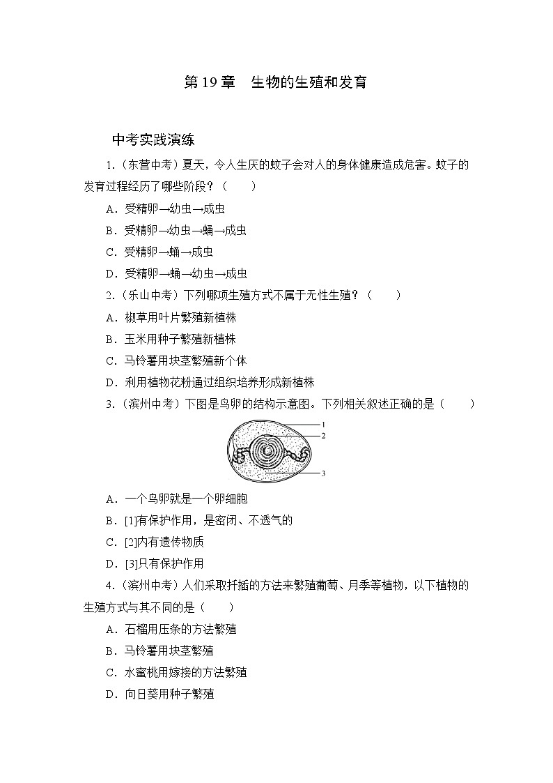 北师大生物八上第19章《生物的生殖和发育》考实践演练及答案第1页