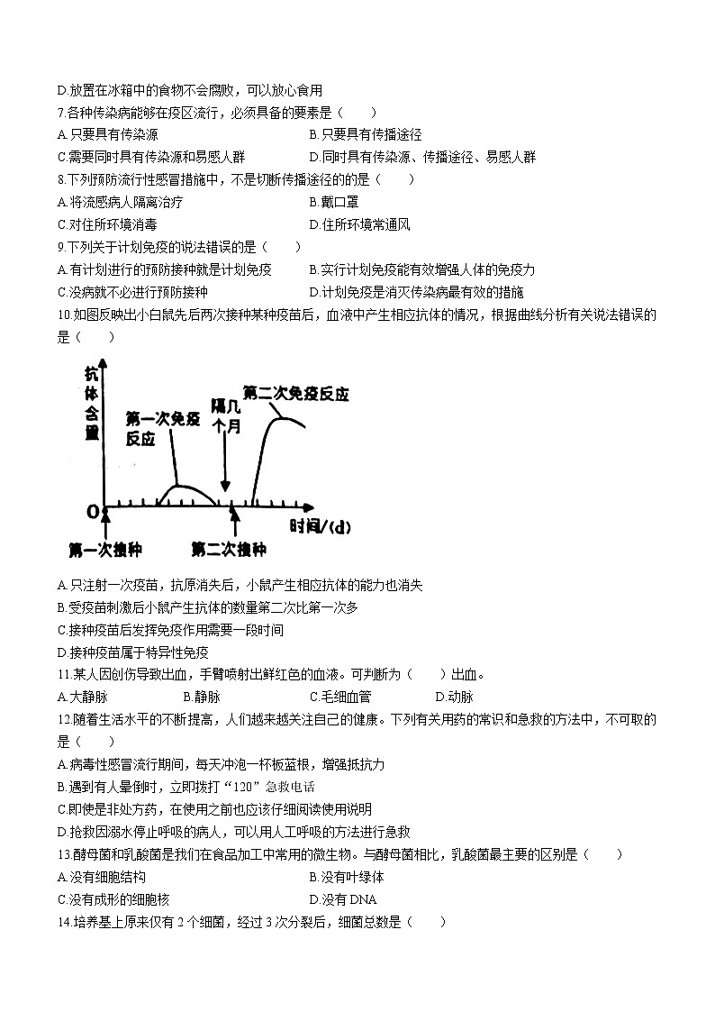 山东省淄博市周村区2021-2022学年七年级下学期期末生物试题(word版含答案)02