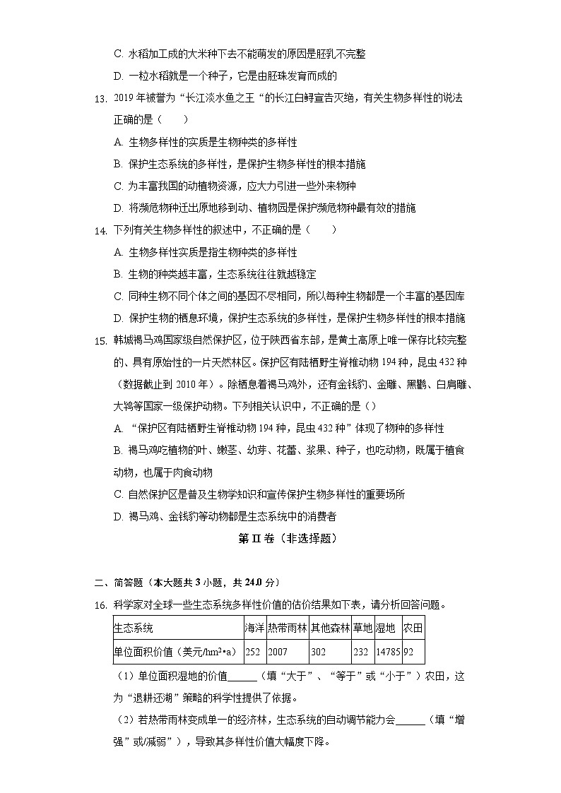 15.1生物多样性 苏教版初中生物八年级上册同步练习(含答案解析)第3页