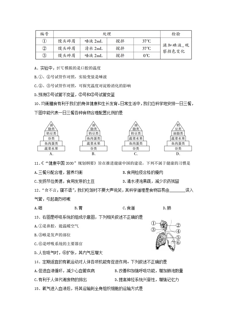 陕西省安康市白河县2021-2022学年七年级下学期期末教学质量检测生物试题(word版含答案)02