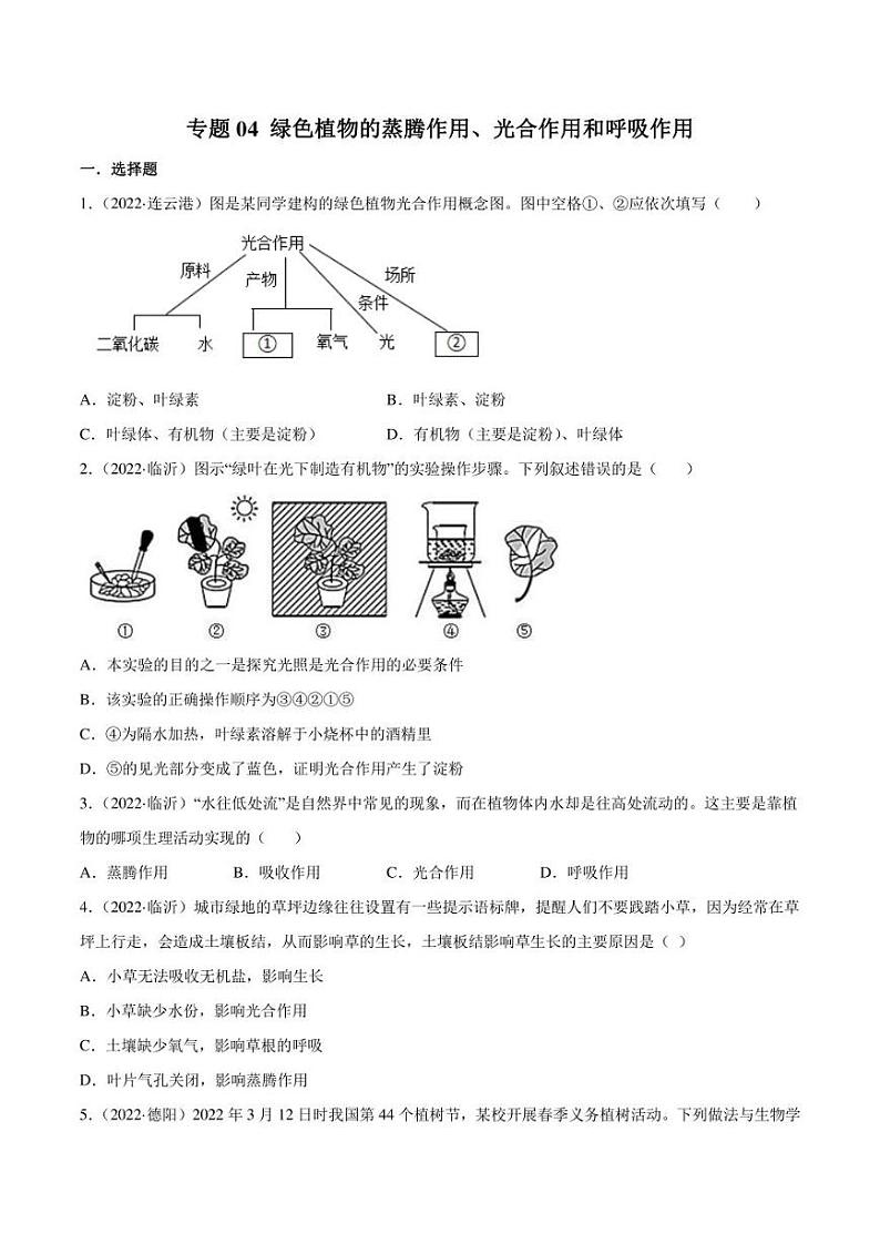 2022年中考生物真题分类汇编 专题04 绿色植物的蒸腾作用、光合作用和呼吸作用(学生版+解析版)第1页