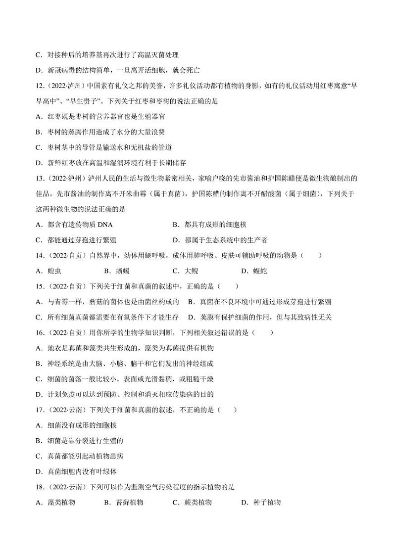 2022年中考生物真题分类汇编 专题09 植物、动物和微生物类群(学生版+解析版)第3页