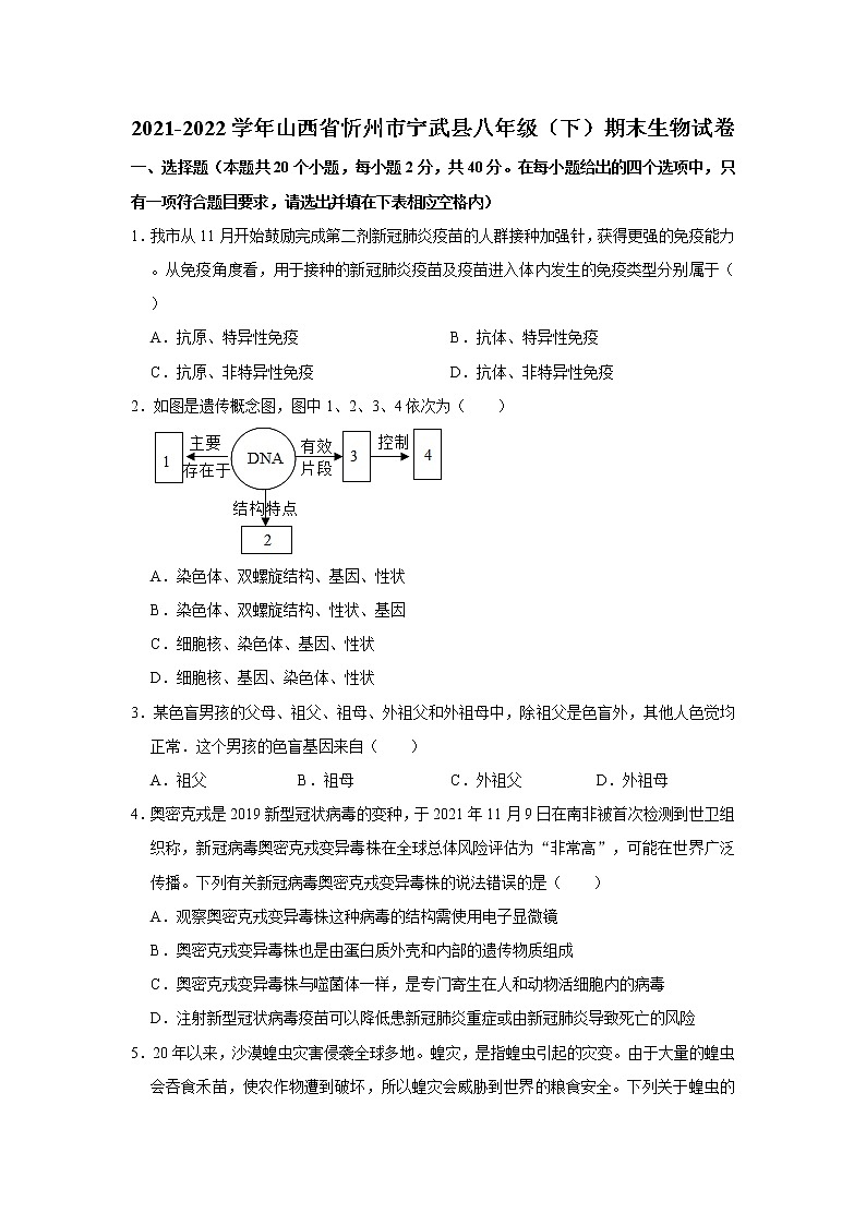 山西省忻州市宁武县2021-2022学年八年级下学期期末生物试卷(word版含答案)第1页
