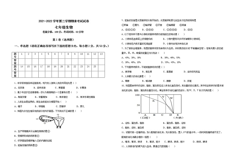 新疆塔城地区沙湾市2021-2022学年七年级下学期期末考试生物试题(word版含答案)第1页