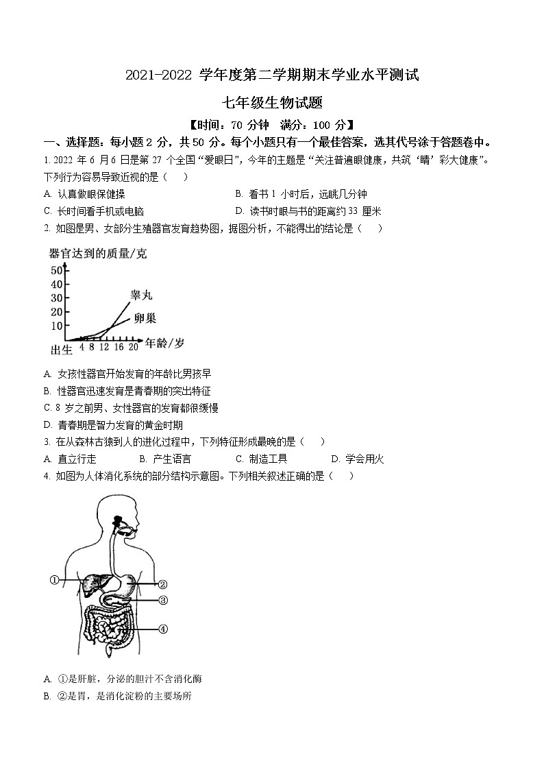 山东省聊城临清市2021-2022学年七年级下学期期末生物试题(word版含答案)01
