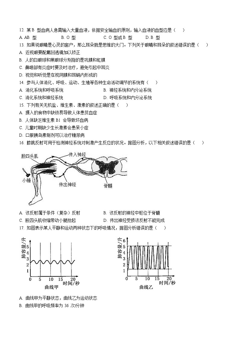 山东省聊城临清市2021-2022学年七年级下学期期末生物试题(word版含答案)03