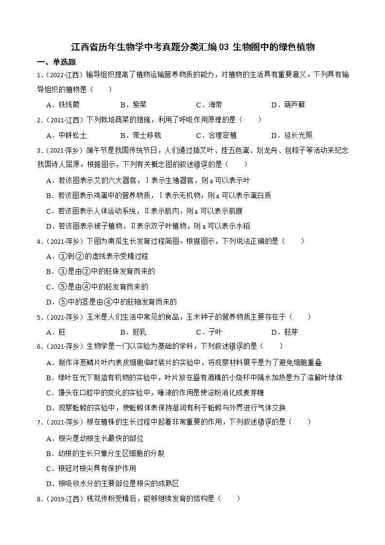 江西省至2022年生物学中考真题分类汇编03 生物圈中的绿色植物及答案第1页