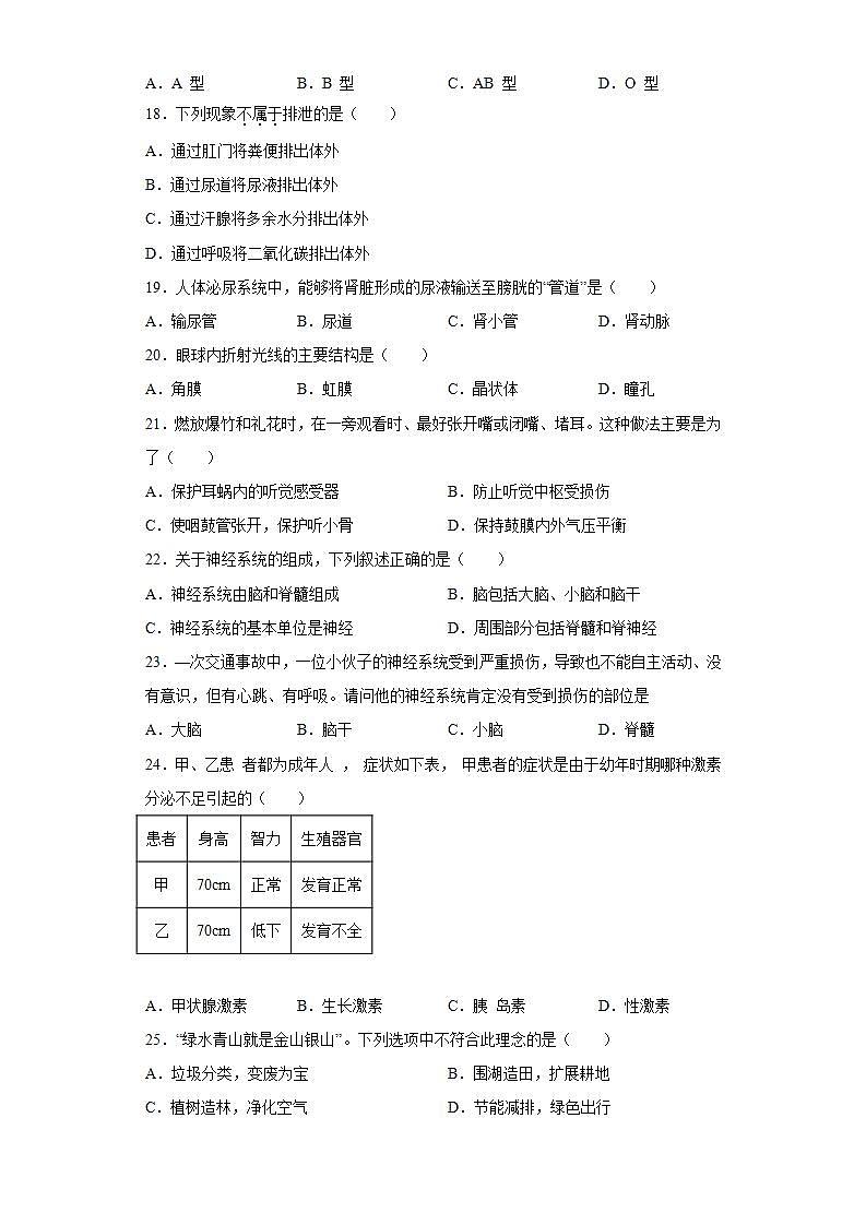 湖南省株洲市醴陵市2021-2022学年七年级下学期期末生物试题(word版含答案)03