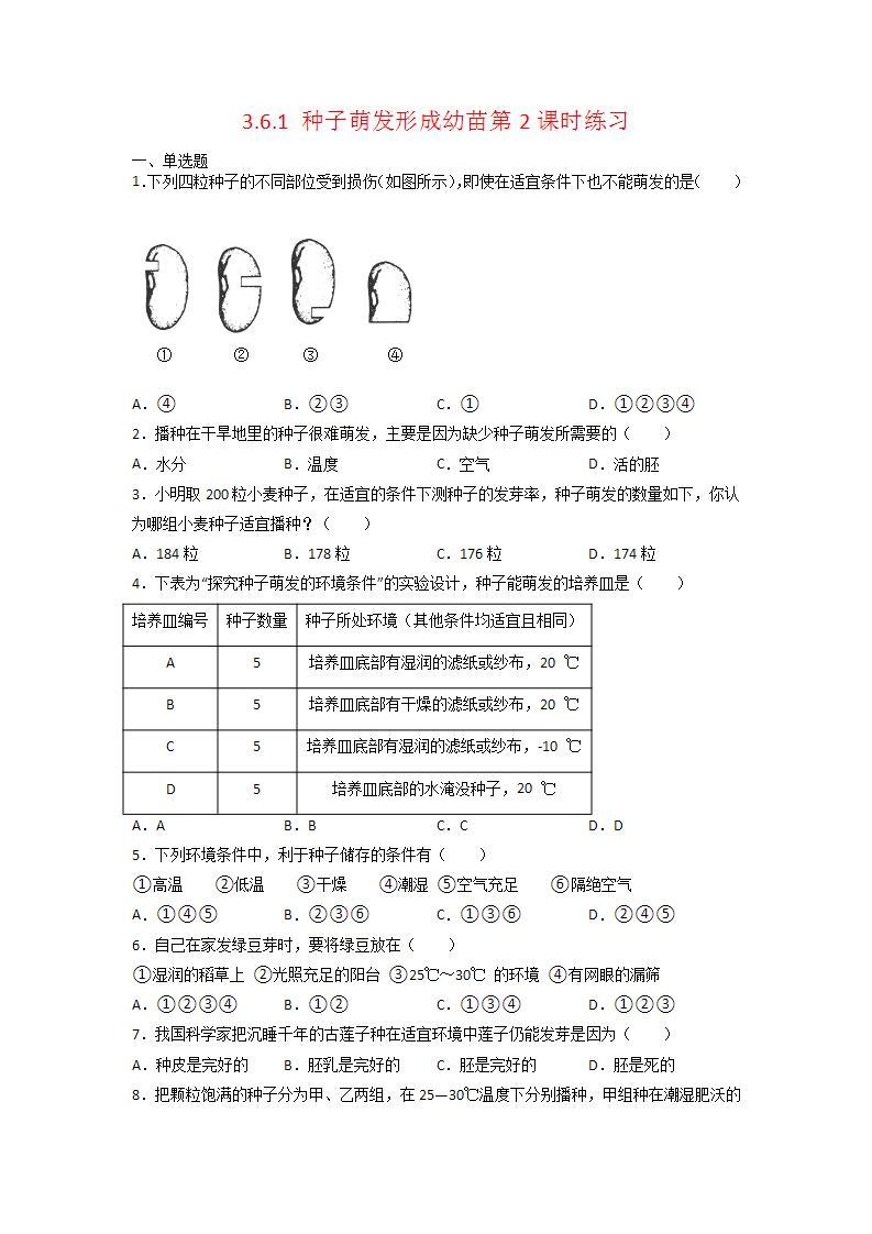 北师大版七上生物3.6.1《种子萌发形成幼苗》第2课时 课件+同步练习01