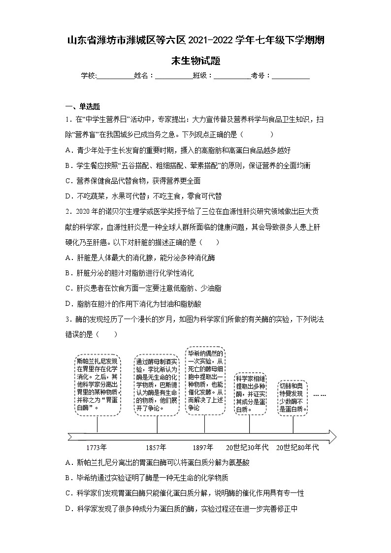 山东省潍坊市潍城区等六区2021-2022学年七年级下学期期末生物试题(word版含答案)第1页