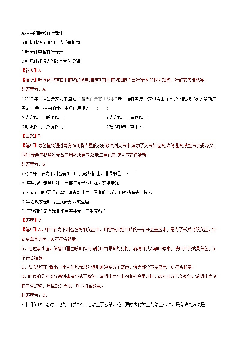 3.4+绿色植物是生物圈中有机物的制造者 人教版生物七年级上册同步检测卷03
