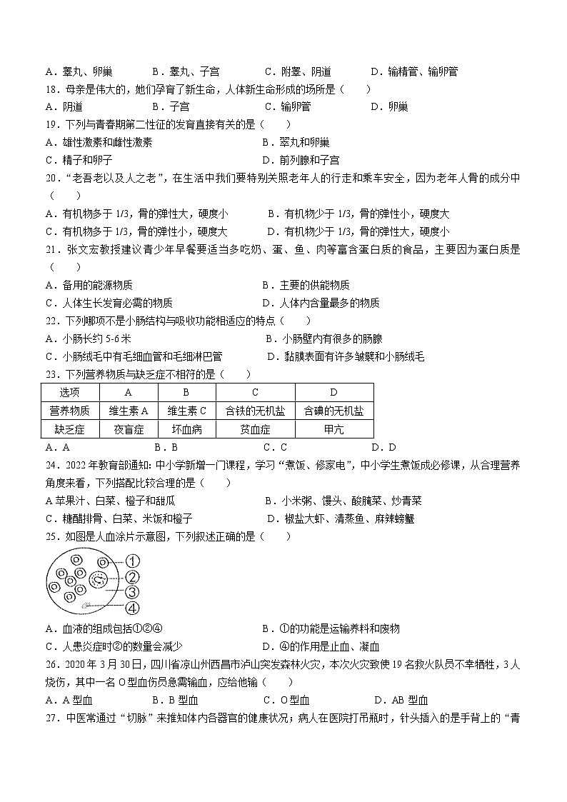 云南省文山州2021-2022学年七年级下学期期末生物试题(word版含答案)第3页