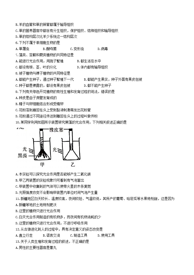 2022年云南省昭通市昭阳区初中学业水平模拟考试(一)生物试题(word版含答案)02