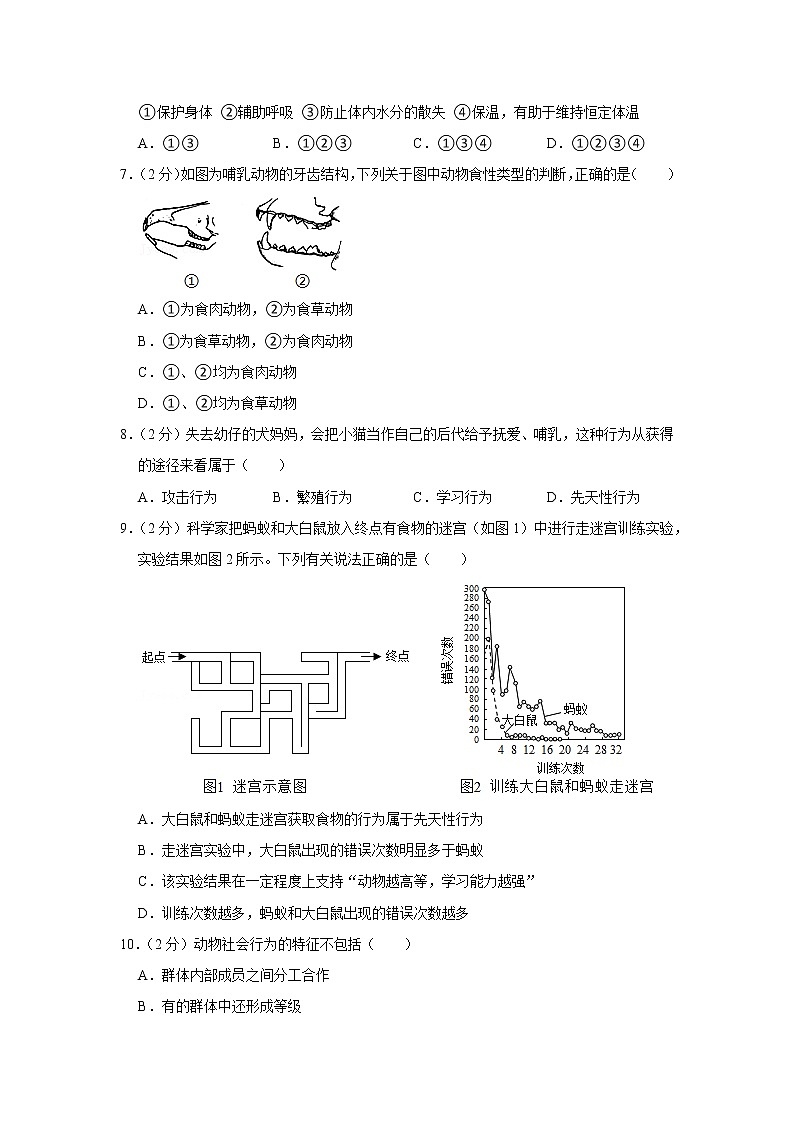 2021-2022学年广东省江门二中八年级(上)期中生物试卷(含答案)第2页