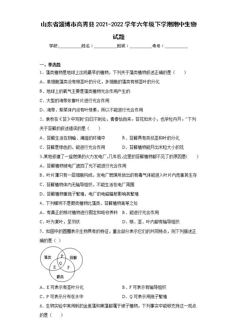 山东省淄博市高青县2021-2022学年六年级下学期期中生物试题(含答案)