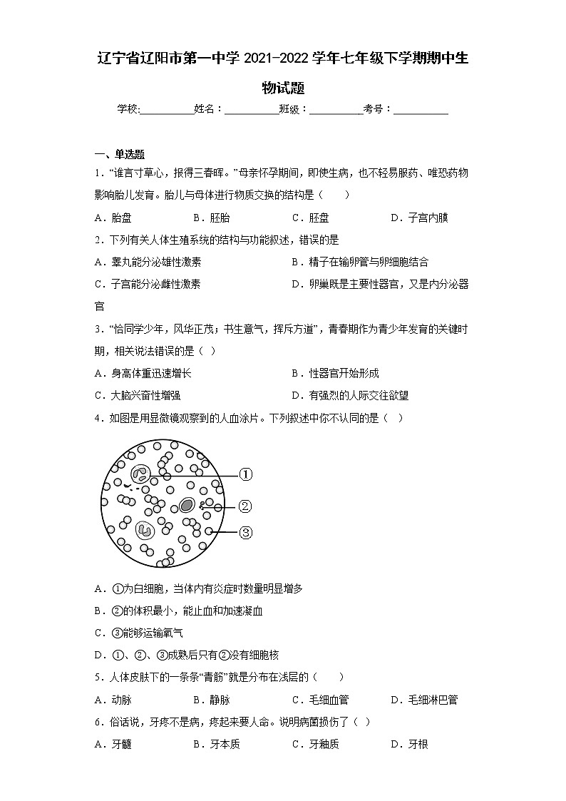 辽宁省辽阳市第一中学2021-2022学年七年级下学期期中生物试题(含答案)01