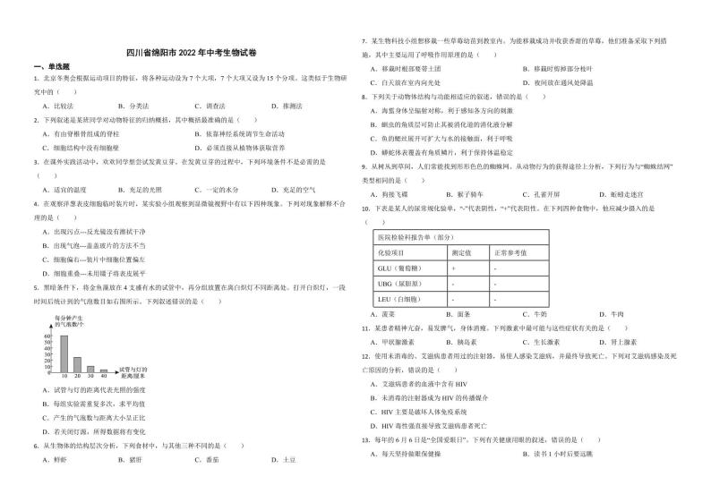 四川省绵阳市2022年中考生物试卷（附解析）01