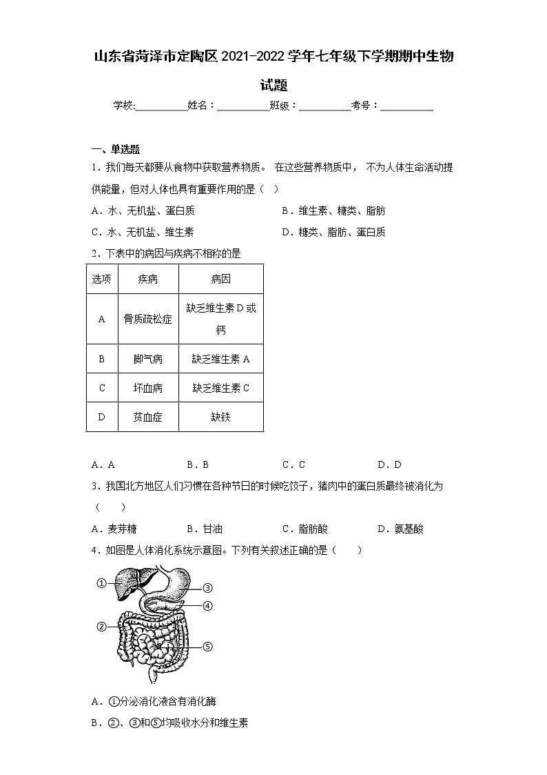 山东省菏泽市定陶区2021-2022学年七年级下学期期中生物试题(含答案)01