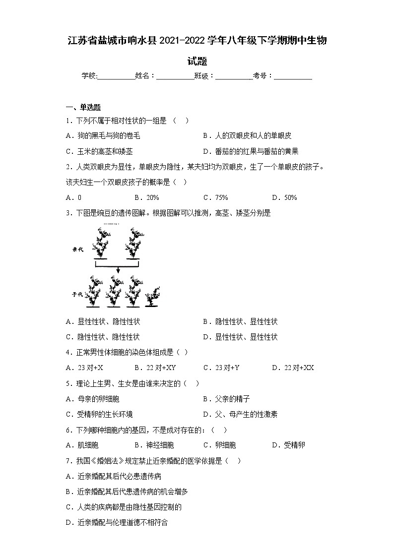 江苏省盐城市响水县2021-2022学年八年级下学期期中生物试题(含答案)01
