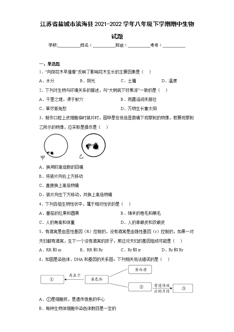 江苏省盐城市滨海县2021-2022学年八年级下学期期中生物试题(含答案)01