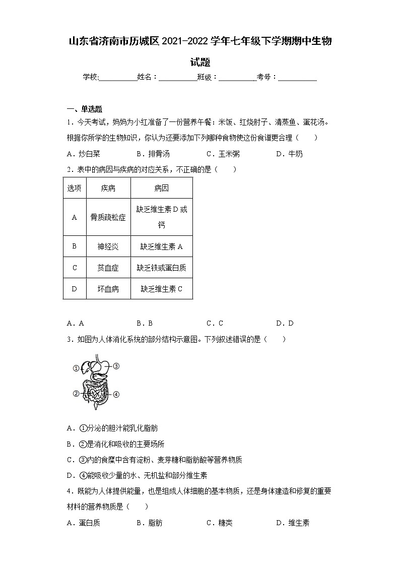 山东省济南市历城区2021-2022学年七年级下学期期中生物试题(含答案)01