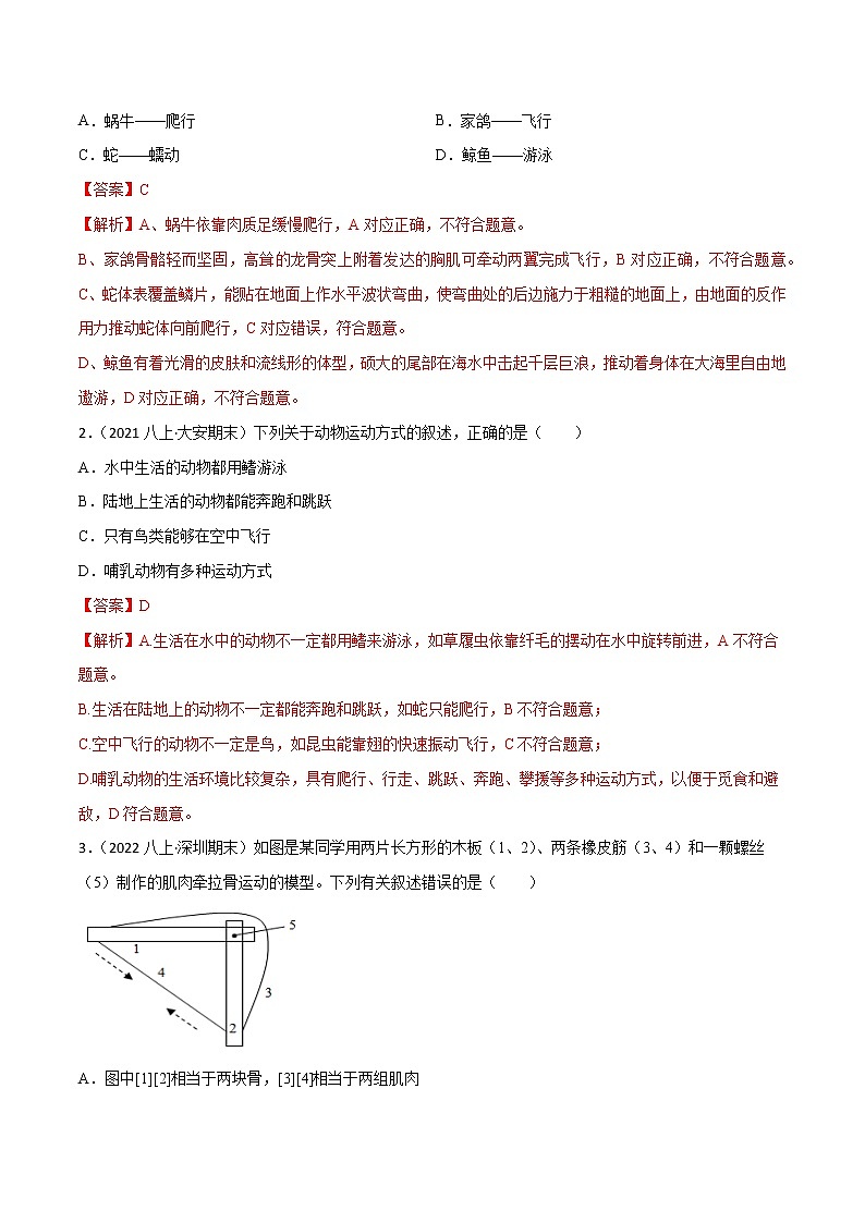 专题03 动物的运动和行为及动物在生物圈中的作用(知识梳理 专题过关)-八年级生物上学期期中期末考点大串讲(人教版)02