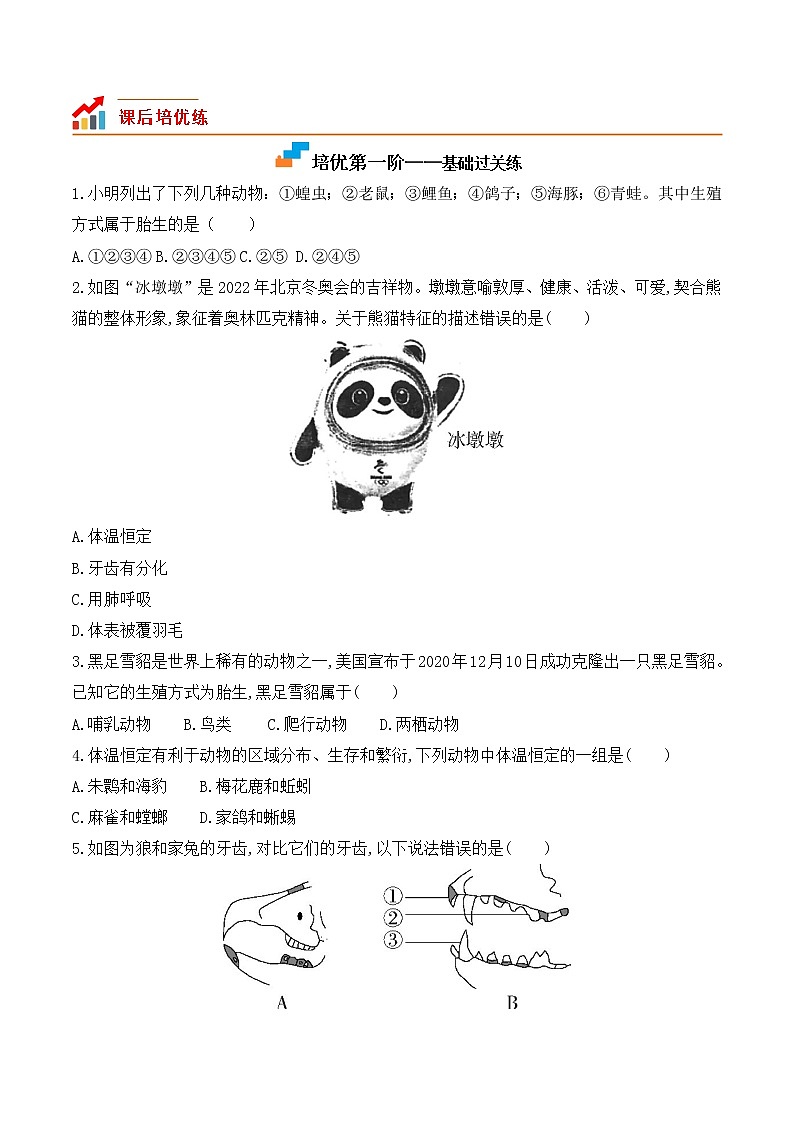 【培优分级练】人教版生物八年级上册 5.1.7《哺乳动物》同步分级练(含解析)02